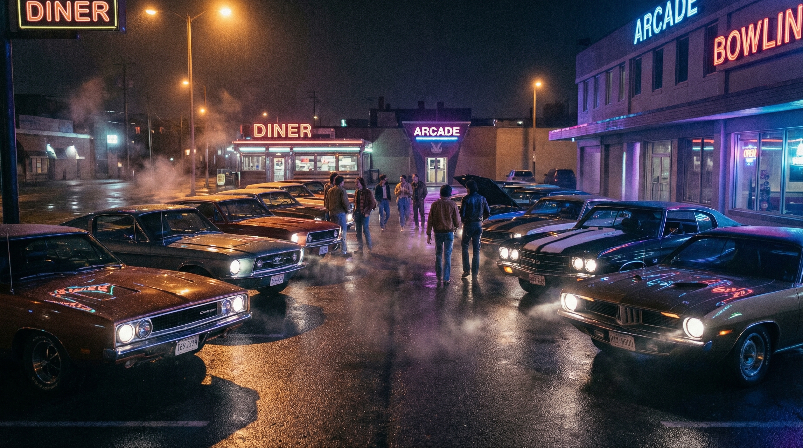 A crowd gathered among muscle cars at an evening meet at Frank's Autos