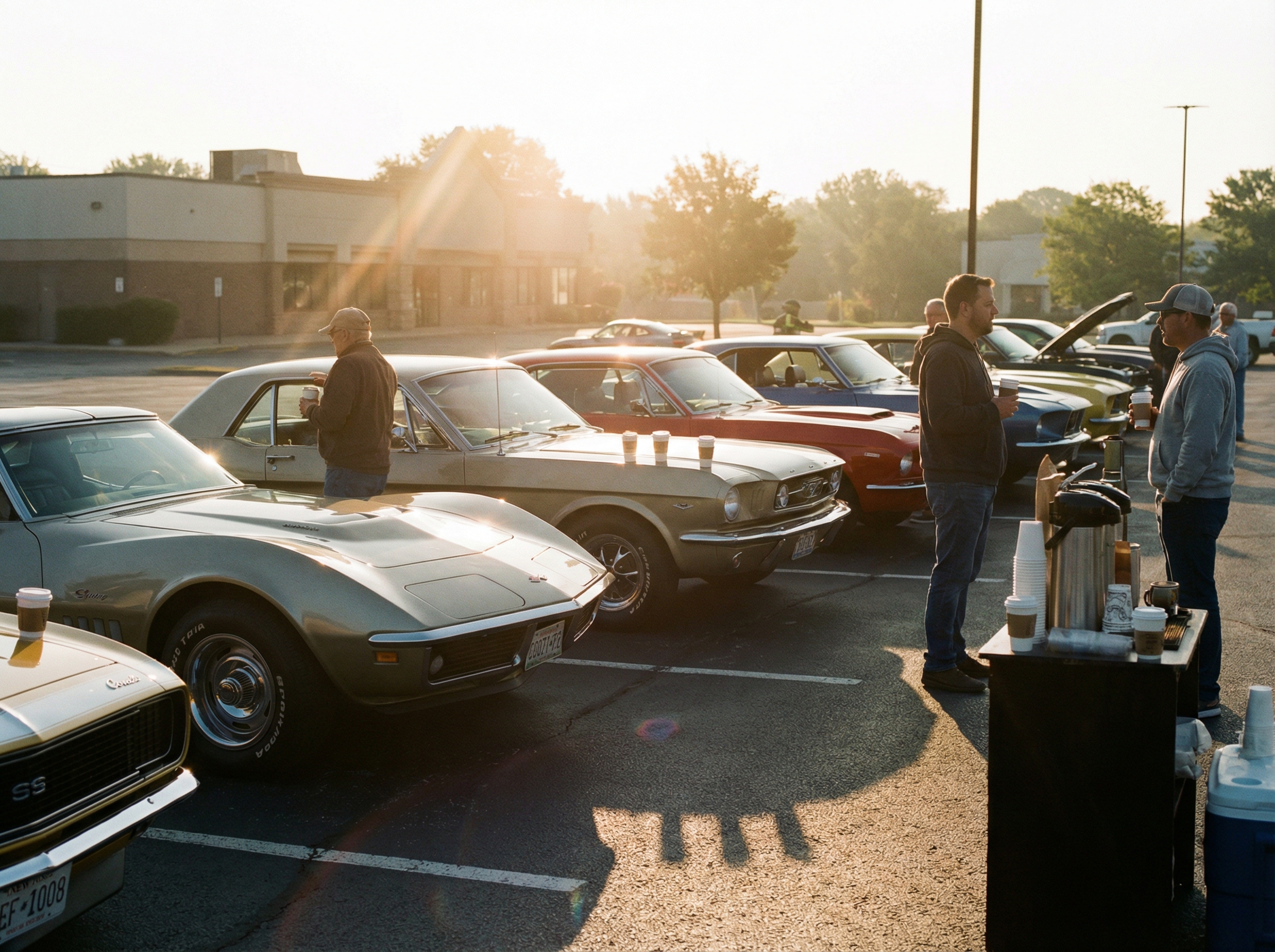 People gathered with coffee among the cars at Frank's Autos